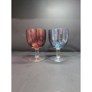 Bartlett Collins Vintage Blue & Ruby Iridescent Carnival Glass Thumbprint Goblet